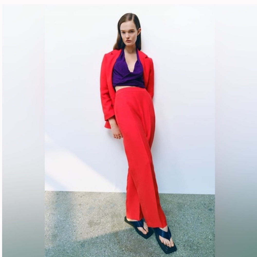 NEW Zara Wide Leg Linen Blend High Waisted Trousers Red Pants XS